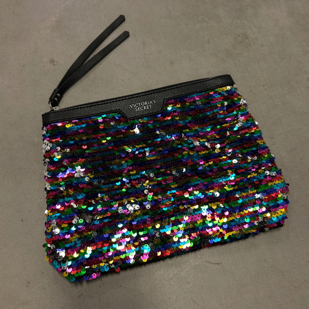 Victorias Secret Rainbow Sequin Wristlet Clutch Bag Multi Color Black Pouch